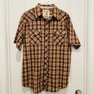 Coastal Brown Plaid Western Short Sleeve Button Up Shirt Pearl Snap Men's Sz XL